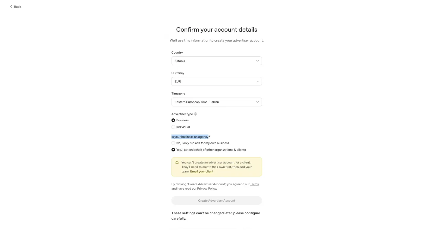 The account setup screen, with the agency warning