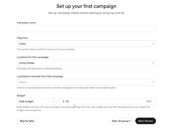Campaign setup with a daily budget