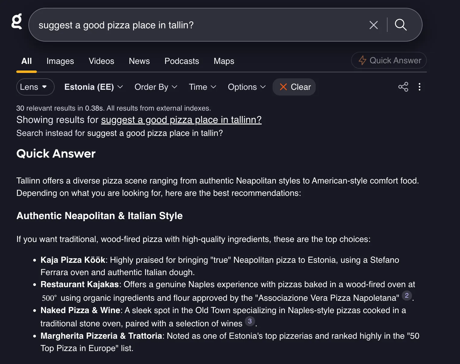 Kagi Quick Answer for "suggest a good pizza place in tallinn?", followed by ordinary organic results