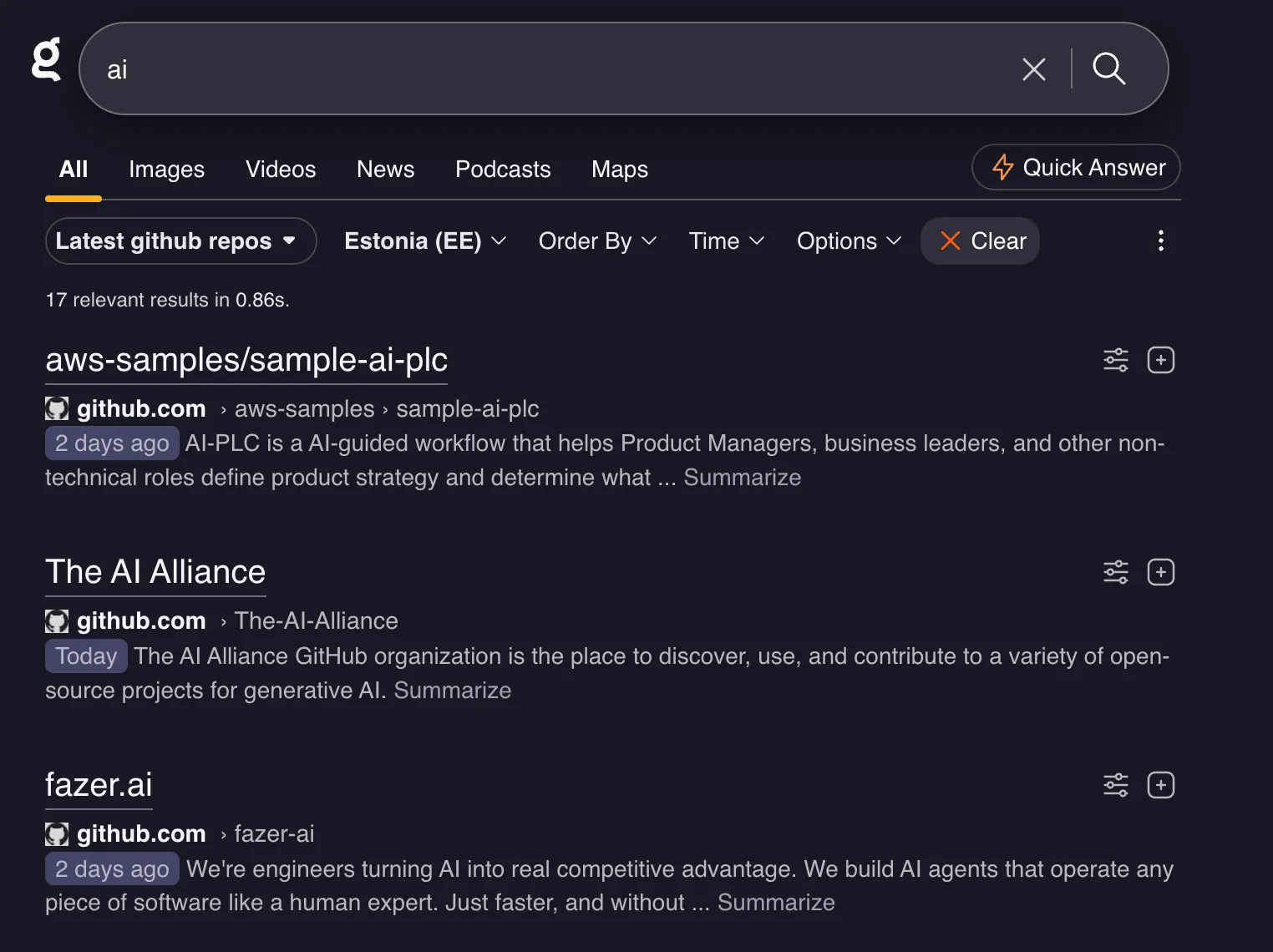 Kagi search for "ai" with a "Latest github repos" lens active, returning 20 results all from github.com